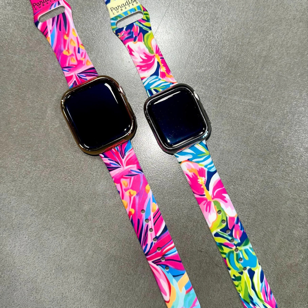 All Apple Watch bands bold & colorful by Paradise Curated. Inspired by Lilly Pulitzer prints. Small/Medium and Medium/Large sizes available. Fits Series 1–9 & SE.