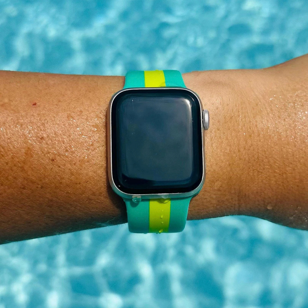 Apple Watch Seafoam & Neon Yellow band. Bold & colorful by Paradise Curated. Inspired by Lilly Pulitzer prints. Small/Medium and Medium/Large sizes available. Fits Series 1–9 & SE.