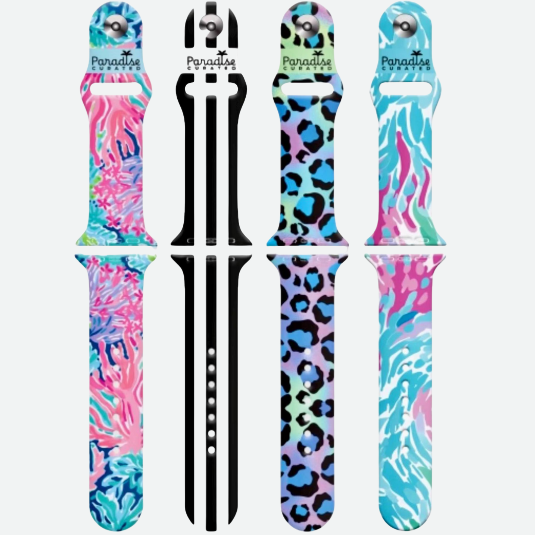 All Apple Watch bands bold & colorful by Paradise Curated. Inspired by Lilly Pulitzer prints. Small/Medium and Medium/Large sizes available. Fits Series 1–9 & SE.