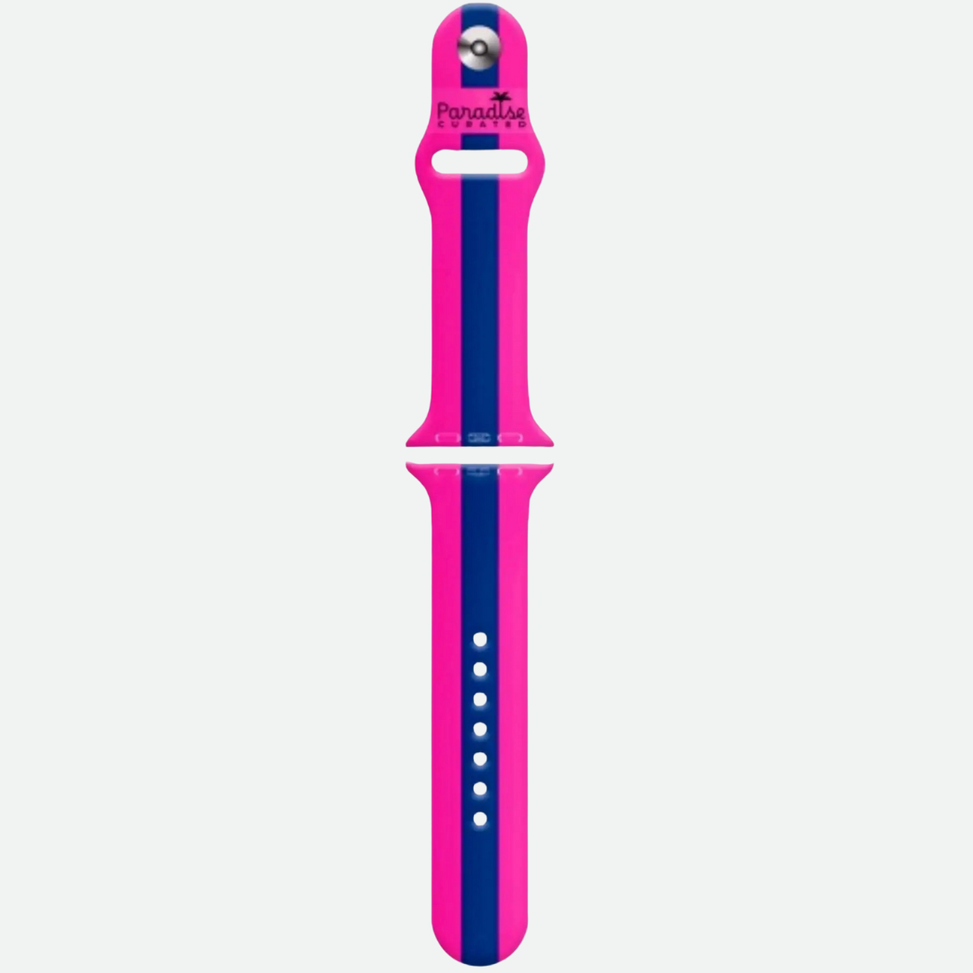 Apple Watch Pink & Purple band. Bold & colorful by Paradise Curated. Inspired by Lilly Pulitzer prints. Small/Medium and Medium/Large sizes available. Fits Series 1–9 & SE.