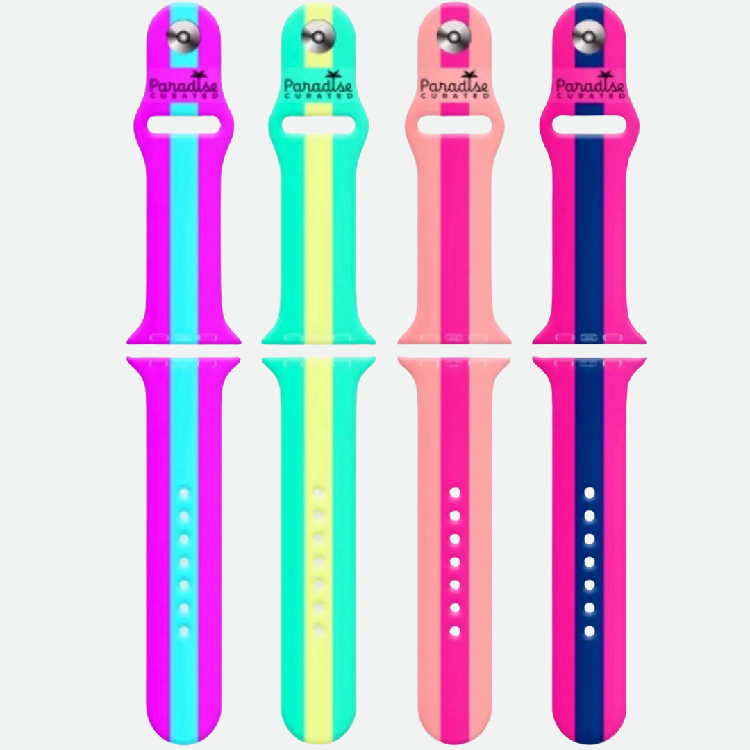 All Apple Watch bands bold & colorful by Paradise Curated. Inspired by Lilly Pulitzer prints. Small/Medium and Medium/Large sizes available. Fits Series 1–9 & SE.