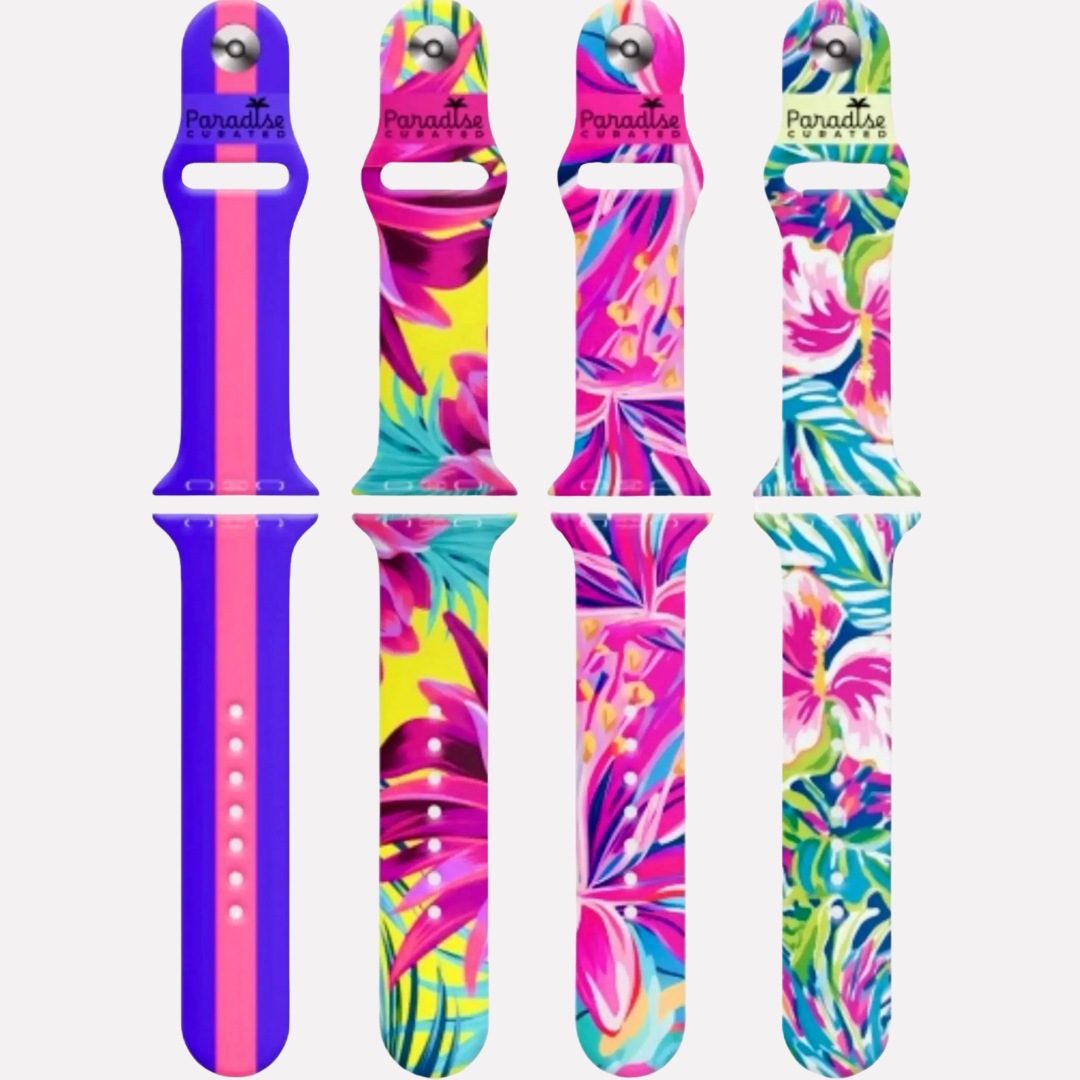 All Apple Watch bands bold & colorful by Paradise Curated. Inspired by Lilly Pulitzer prints. Small/Medium and Medium/Large sizes available. Fits Series 1–9 & SE.