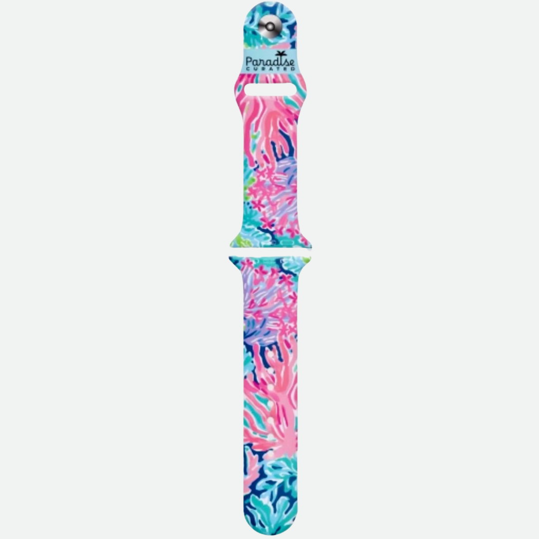 All Apple Watch bands bold & colorful by Paradise Curated. Inspired by Lilly Pulitzer prints. Small/Medium and Medium/Large sizes available. Fits Series 1–9 & SE.