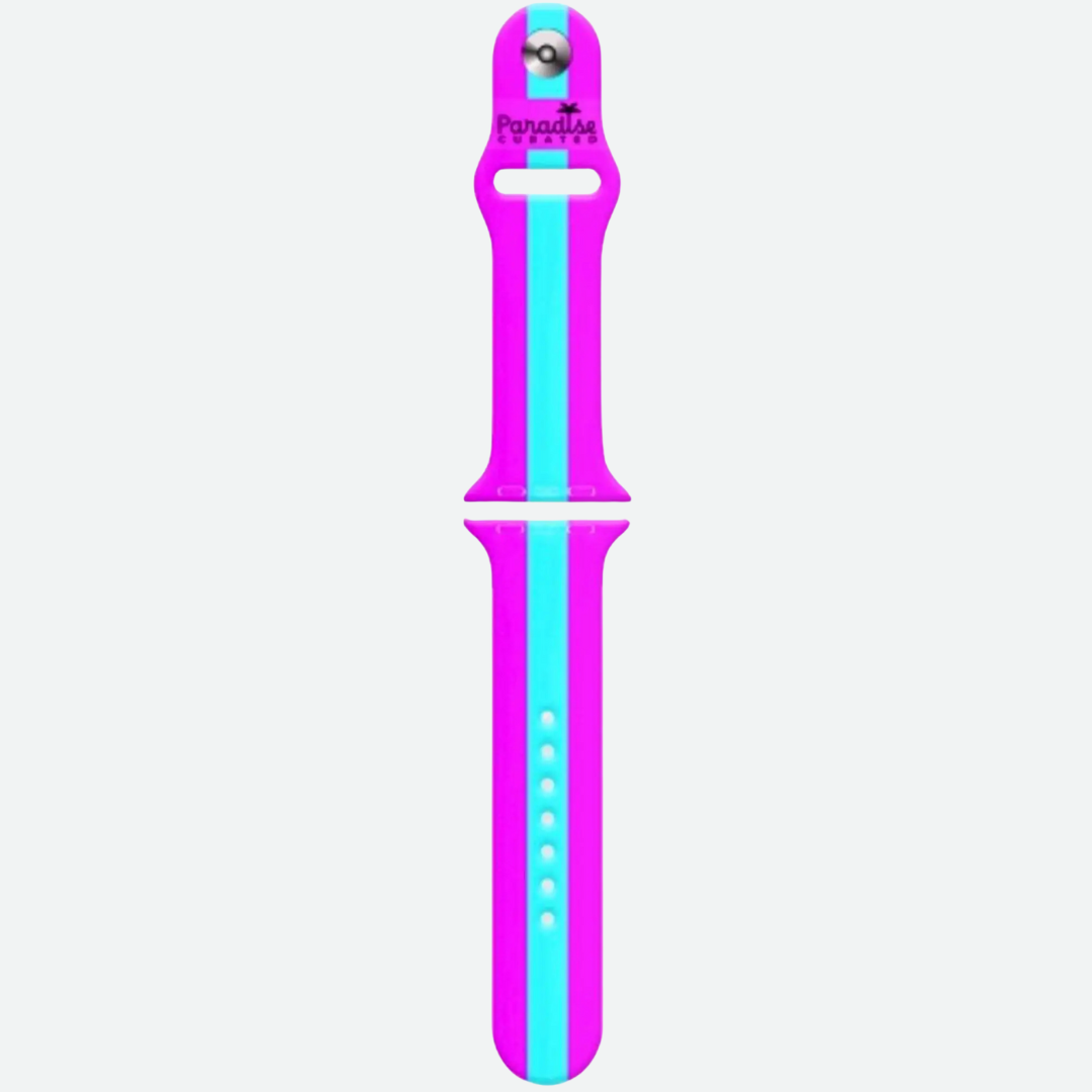 Apple Watch Purple & Teal band. Bold & colorful by Paradise Curated. Inspired by Lilly Pulitzer prints. Small/Medium and Medium/Large sizes available. Fits Series 1–9 & SE.