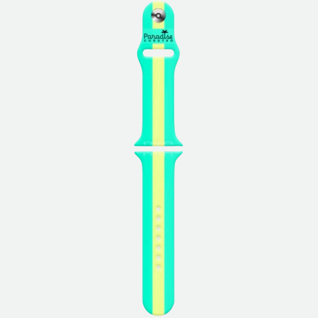 Apple Watch Seafoam & Neon Yellow band. Bold & colorful by Paradise Curated. Inspired by Lilly Pulitzer prints. Small/Medium and Medium/Large sizes available. Fits Series 1–9 & SE.