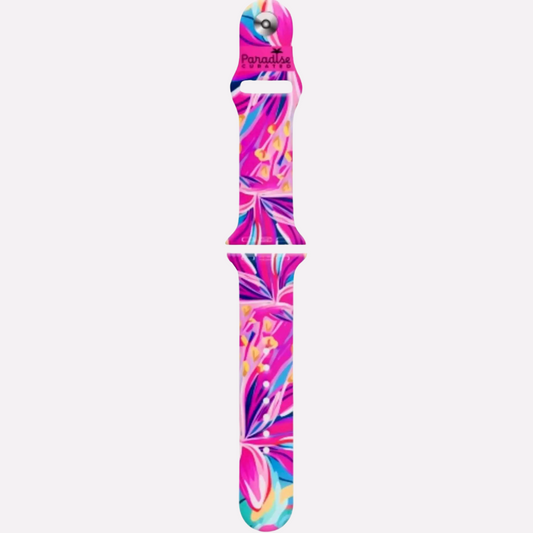 Apple Watch Pretty In Pink band. Bold & colorful by Paradise Curated. Inspired by Lilly Pulitzer prints. Small/Medium and Medium/Large sizes available. Fits Series 1–9 & SE.