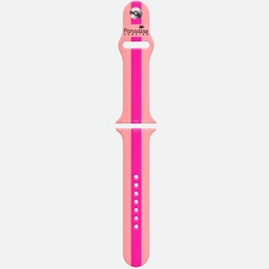 Apple Watch Coral & Pink band. Bold & colorful by Paradise Curated. Inspired by Lilly Pulitzer prints. Small/Medium and Medium/Large sizes available. Fits Series 1–9 & SE.