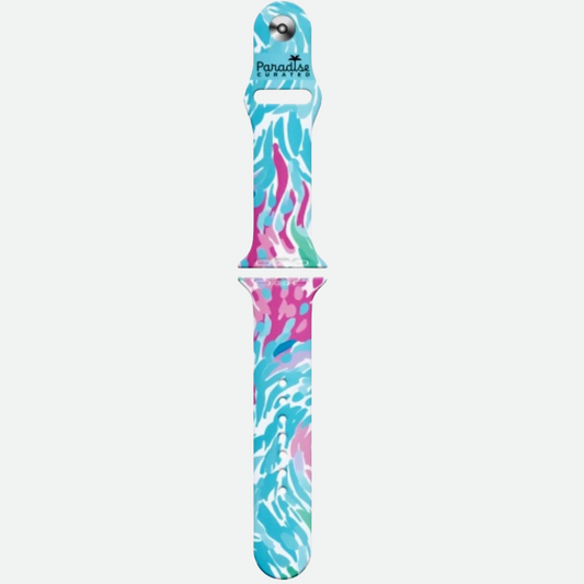 Apple Watch Ocean Oasis band. Bold & colorful by Paradise Curated. Inspired by Lilly Pulitzer prints. Small/Medium and Medium/Large sizes available. Fits Series 1–9 & SE.