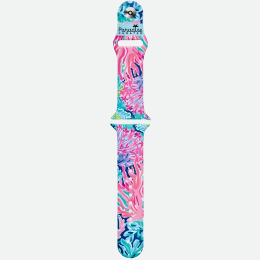 Apple Watch Coral-Reef band. Bold & colorful by Paradise Curated. Inspired by Lilly Pulitzer prints. Small/Medium and Medium/Large sizes available. Fits Series 1–9 & SE.