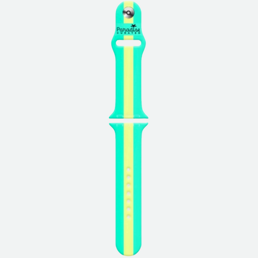 Apple Watch Seafoam & Neon Yellow band. Bold & colorful by Paradise Curated. Inspired by Lilly Pulitzer prints. Small/Medium and Medium/Large sizes available. Fits Series 1–9 & SE.
